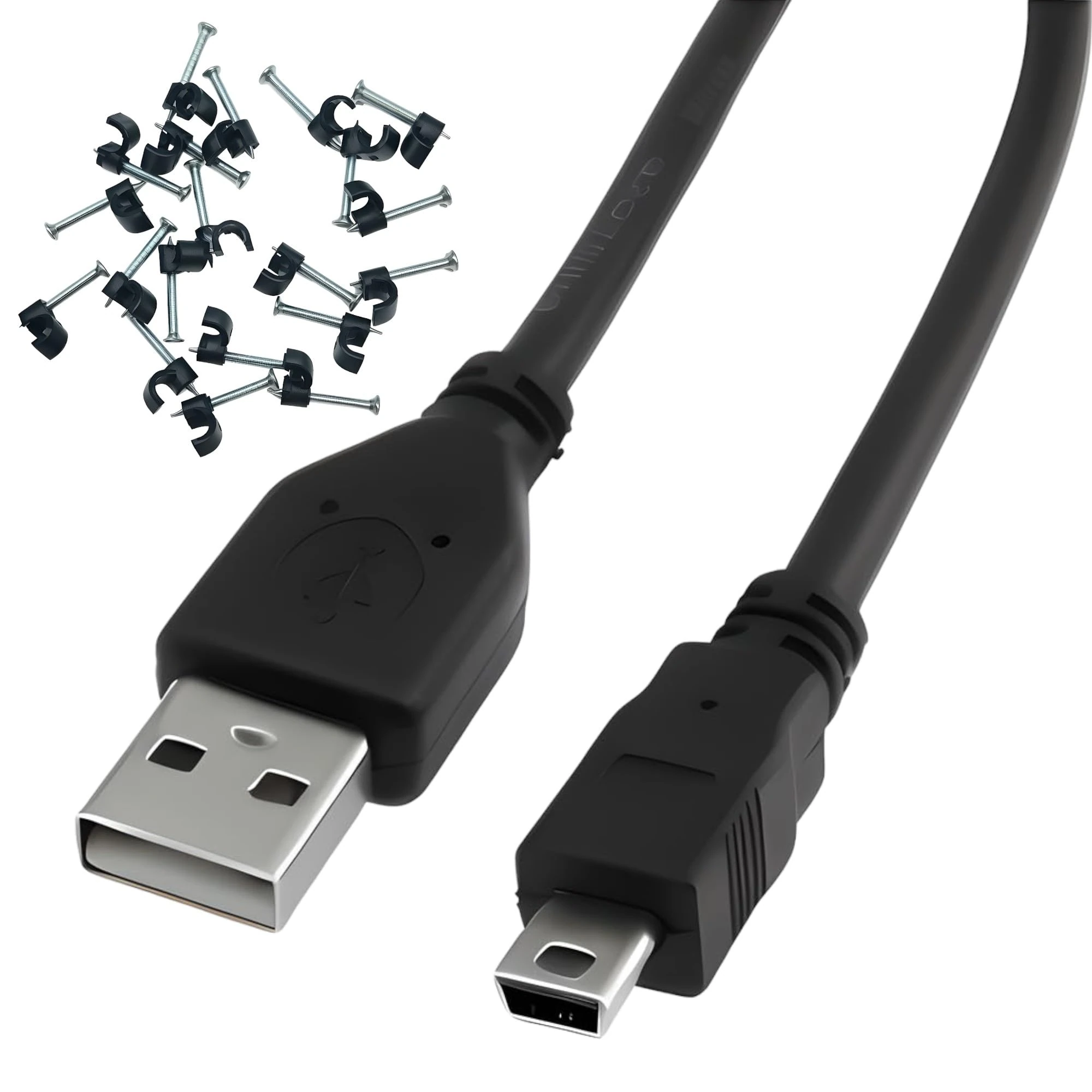 Reulin 5m Long High Speed USB 2.0 Type A to Mini-B Cable, Mini Black Wire with clips - 5 Metre