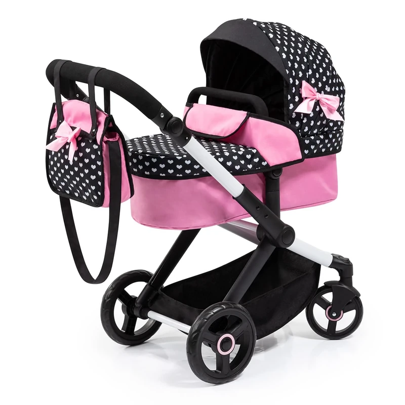 Bayer Baby Dolls Pram XEO - Convertible Doll Pushchair, Carrycot & Changing Bag - Stroller with Adjustable Handle Height for Girls, Tall Dolls Pram for 6+, 3-5 Year Olds - Black/Pink, White Hearts