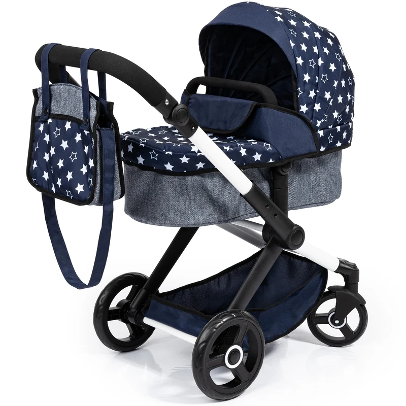 Bayer Baby Dolls Pram XEO - Convertible Doll Pushchair, Carrycot & Changing Bag - Stroller with Adjustable Handle Height for Girls, Tall Dolls Pram for 6+, 3-5 Year Olds - Navy Blue, White Stars