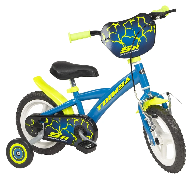 Toimsa 11212 Lightning 12" Kids Bicycle Bike with fixed rear wheel, EVA tyres, training stabilisers, shield, adjustable saddle and handlebars - 3-5yrs, Multicolour