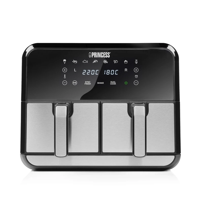 Princess Air Fryer with Double chamber, 2x4L, 62.2% Energy saving, 8 programmes, Separate temperatures, Compartment dimensions: 25x15x10 cm, Overall dimensions: 38.4 x 37.4 x 30.8 cm, 182074