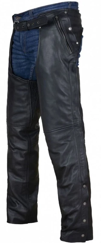 Dream Apparel Black Motorcycle Leather Chaps for Men Women Riding with Zip Out Liner, Cowboy Biker Chap Pants W/Four Pockets, Black, M