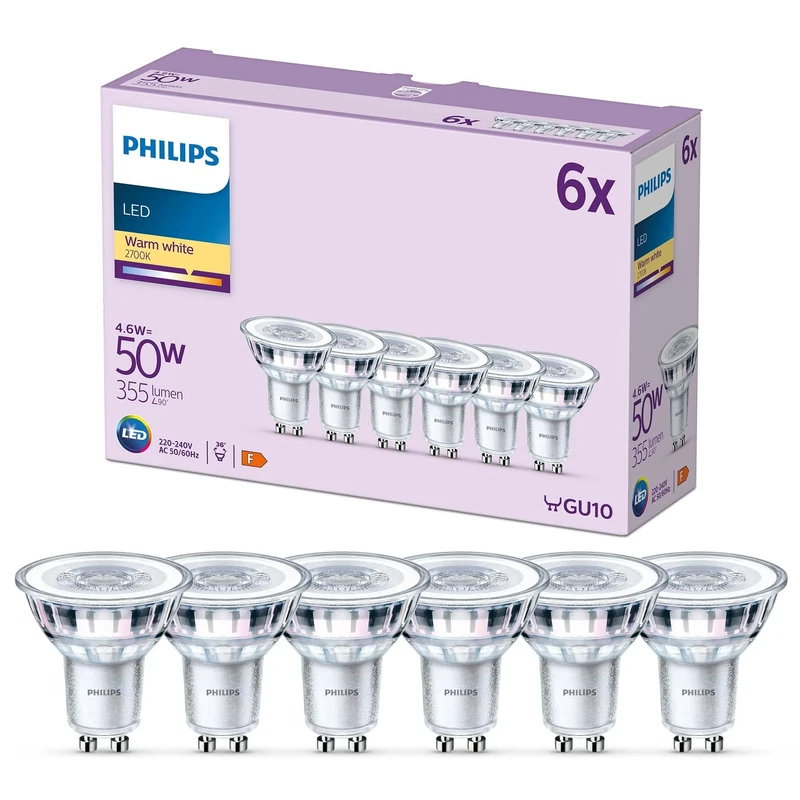 PHILIPS LED Classic Spot Light Bulb 6 Pack [Warm White 2700K - GU10] 50W, Non Dimmable. for Home Indoor Lighting, Value Range, Value Warm White