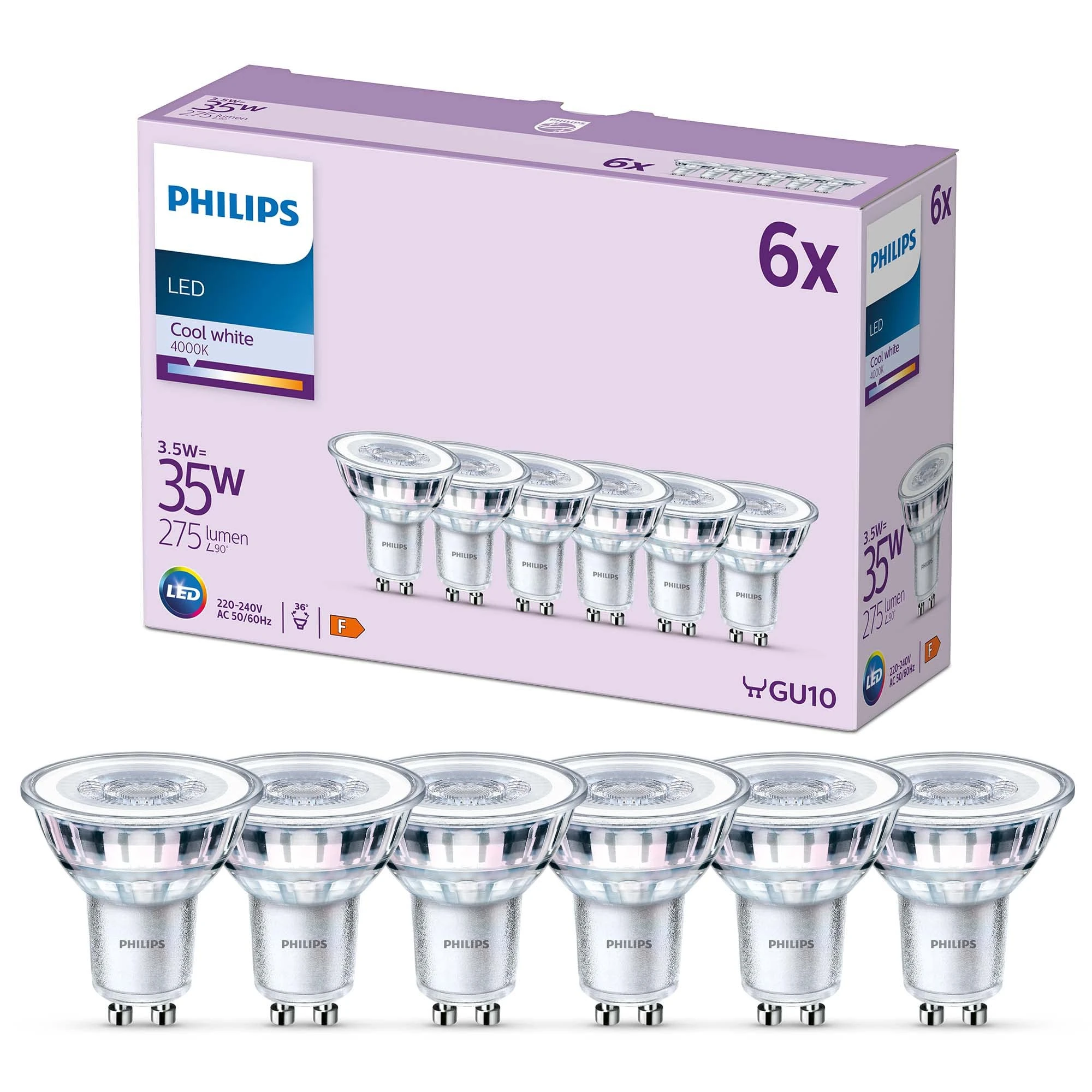 PHILIPS LED Classic Spot Light Bulb 6 Pack [Cool White 4000K - GU10] 35W, Non Dimmable. for Home Indoor Lighting, Value Range