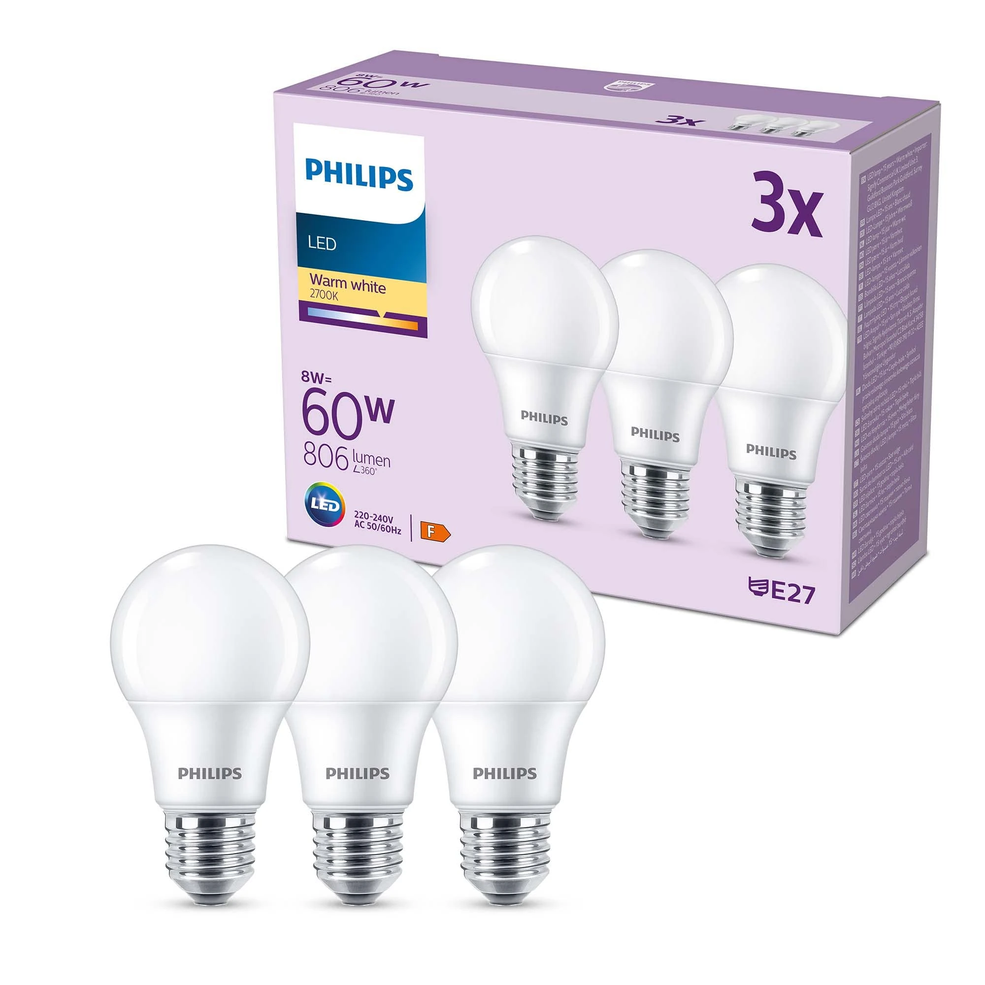 Philips LED Frosted A60 Light Bulb 3 Pack [Warm White 2700K - E27 Edison Screw] 60W, Non Dimmable. for Home Indoor Lighting, Value Range