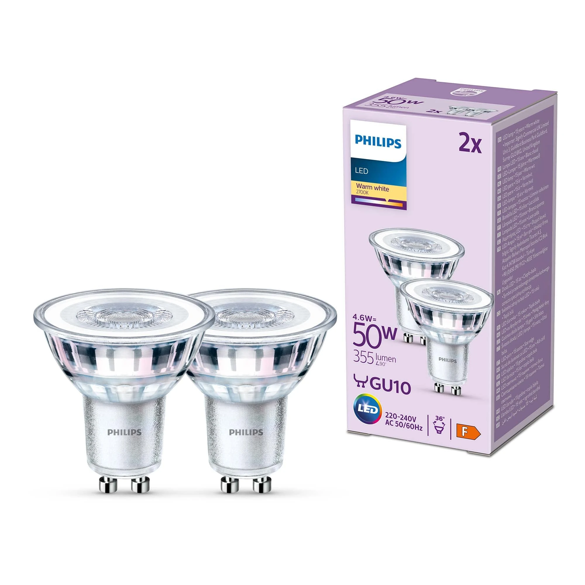 PHILIPS LED Classic Spot Light Bulb 2 Pack [Warm White 2700K - GU10] 50W, Non Dimmable. for Home Indoor Lighting, Value Range