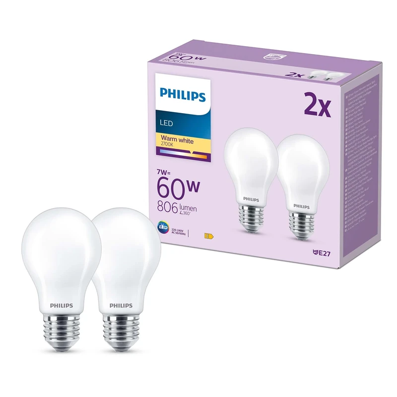 Philips LED Frosted A60 Light Bulb 2 Pack [Warm White 2700K - E27 Edison Screw] 60W, Non Dimmable. for Home Indoor Lighting
