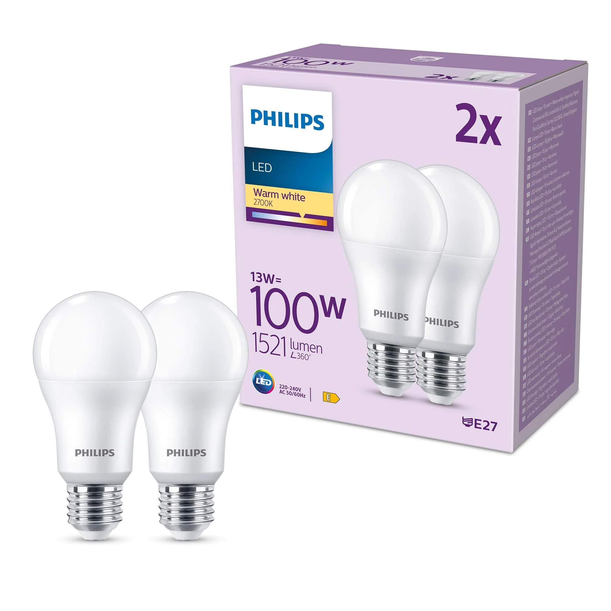 Philips LED Frosted A67 Light Bulb 2 Pack [Warm White 2700K - E27 Edison Screw] 100W, Non Dimmable. for Home Indoor Lighting, Value Range