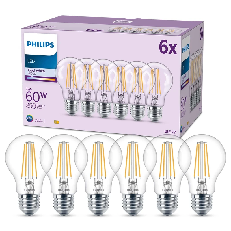 Philips LED Frosted A60 Light Bulb 6 Pack [Cool White 4000K - E27 Edison Screw] 60W, Non Dimmable. for Home Indoor Lighting
