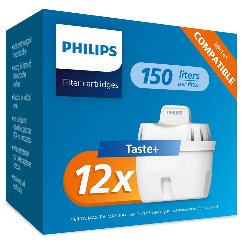 Philips Water Replacement Filter Cartridges Taste+, 12-Pack, Reduces MICROPLASTICS, Chlorine, LIMESCALE, Heavy Metals, Packaging May Vary, Compatible with Brita*
