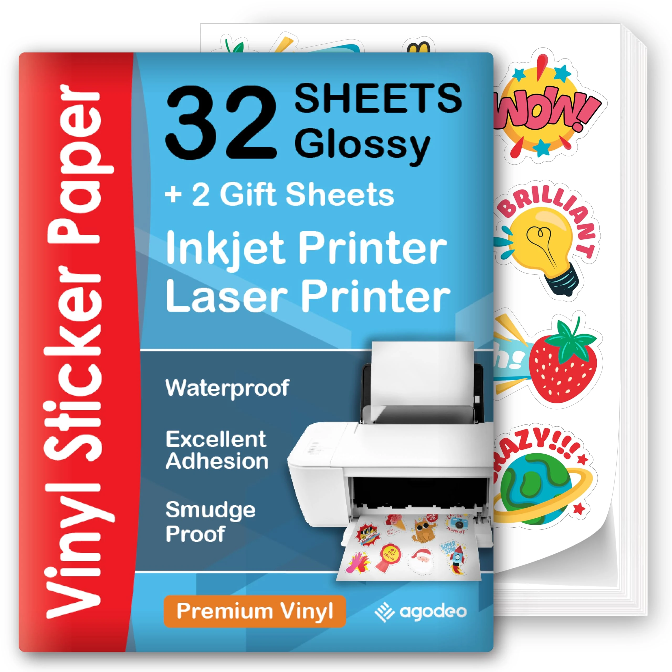 Premium Printable Vinyl Sticker Paper - 32 Sheets - Glossy A4 - Waterproof - Laser & Inkjet Vinyl Sticker Paper - Printable Sticker Paper - for Cricut