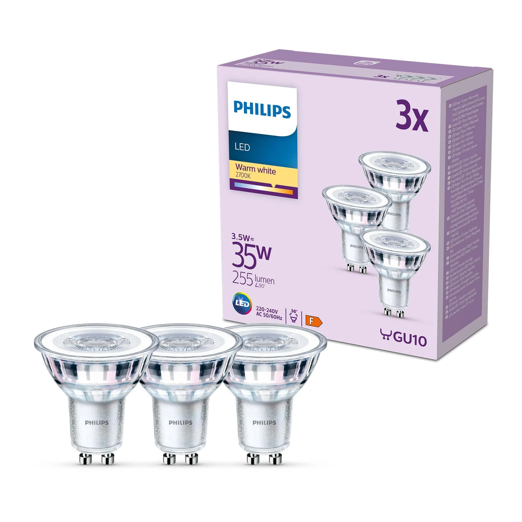 Philips LED Classic Spot Light Bulb 3 Pack [Warm White 2700K - GU10] 35W, Non Dimmable. for Home Indoor Lighting