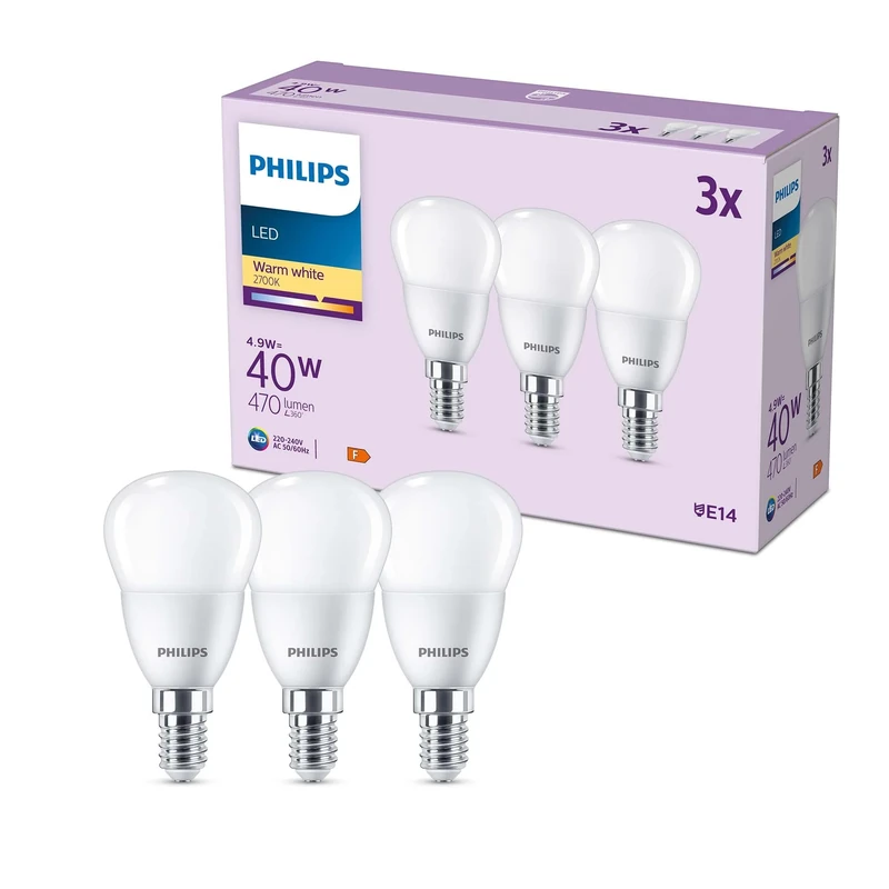 Philips LED Frosted P45 Golf Ball Light Bulb 3 Pack [Warm White 2700K - E14 Small Edison Screw] 40W, Non Dimmable. for Home Indoor Lighting