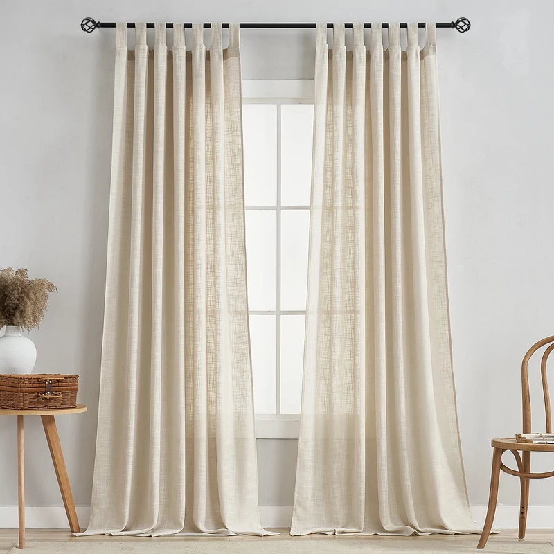 VOILYBIRD Linen Semi Sheer Curtains Tab Top Light Filtering Elegant Curtains & Drapes for Living Room 52 x 84 Inch Length, Set of 2 Panels, Beige