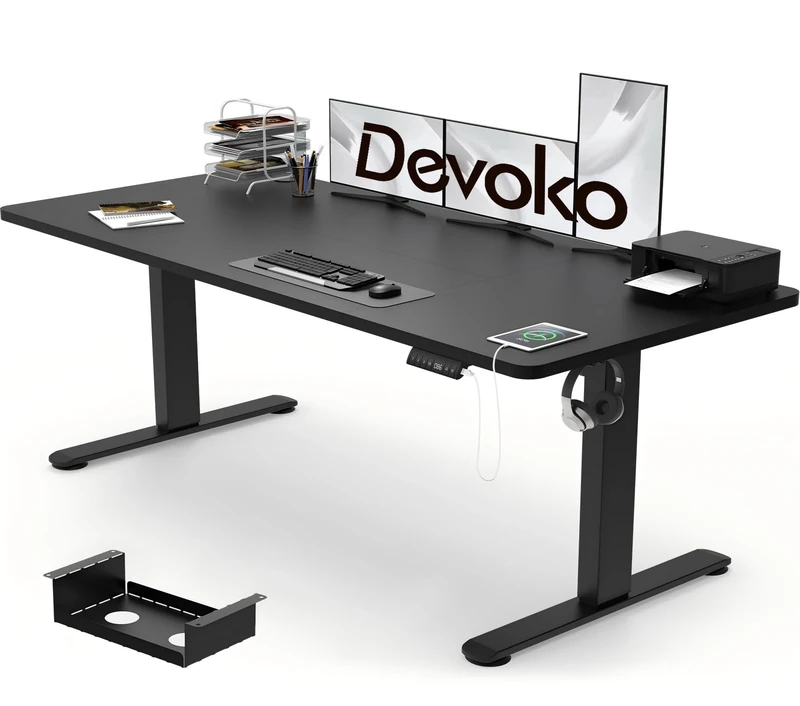 Devoko Electric Standing Desk 160x80cm, 18mm Thick Tabletop, Sit-Stand Height Adjustable with Sedentary Reminder, USB Charging Port, 3 Memory Smart Panel, Heavy-Duty Steel Frame (Black)
