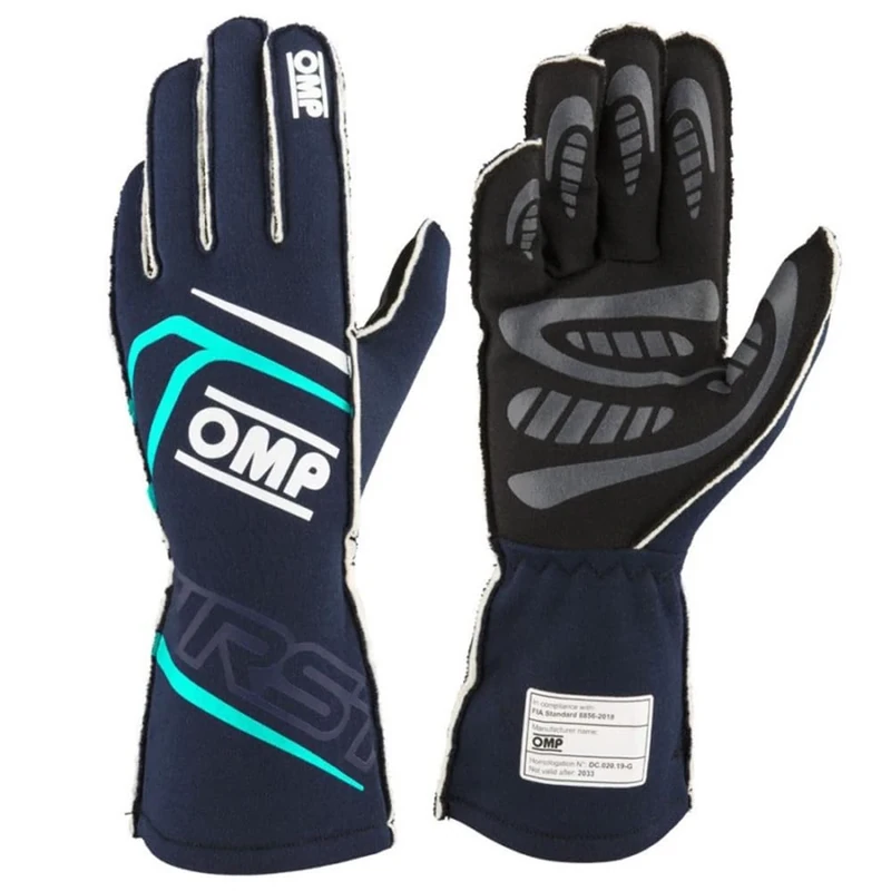 SAOUMIANE Ompracing Omp First FIA 8856-2018 Gloves, Navy/Tiffany Blue, Size L