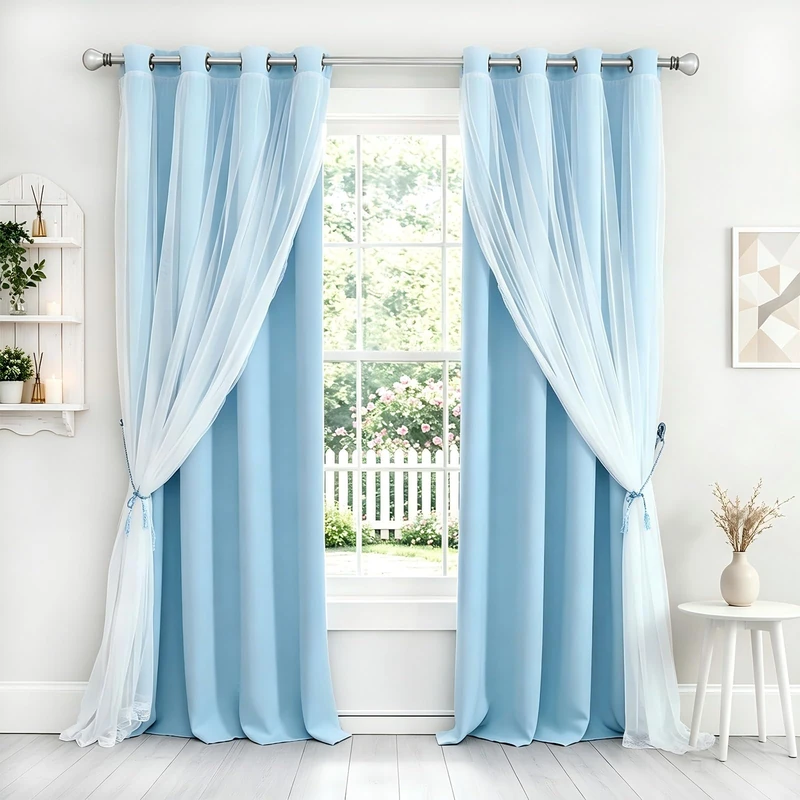 SOFJAGETQ Extra Long Light Blue Blackout Double Layers Curtains Set, Mix & Match Elegance Blue with White Crushed Voile Drapes for Living Room with tie-backs, Nursery, Kids' room, Bedroom, 52'' x108''