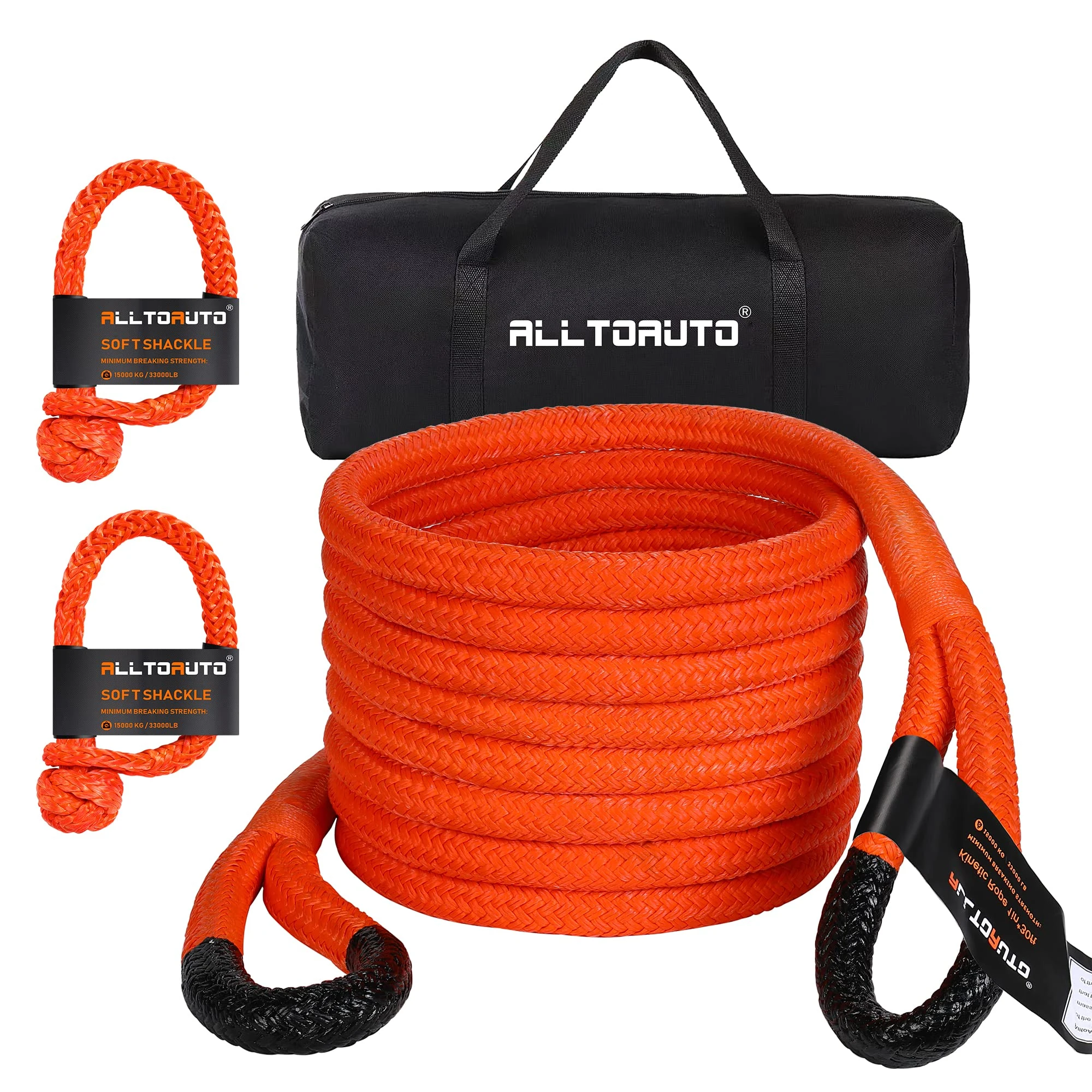 AlltoAuto 1" x 30' Kinetic Recovery & Tow Rope (33,000lbs), with 2 Soft Shackles (33,000lbs) Offroad Recovery Kit for 4WD Pick Up Truck, SUV, ATV, UTV (Orange)