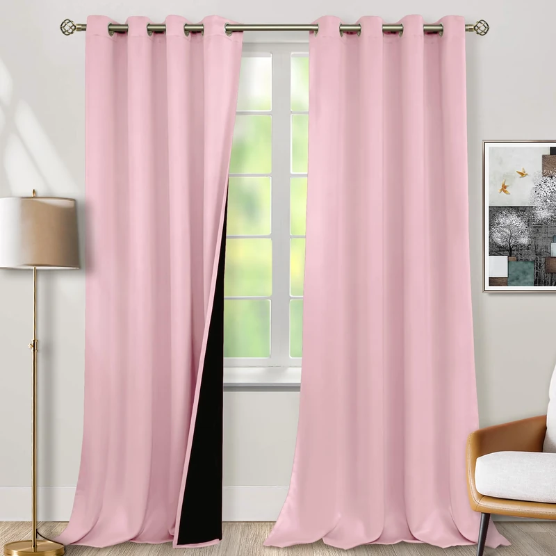 BGment Baby Pink 100% Blackout Curtains for Nursery Bedroom 95 Inch Length 2 Panels, Thermal Insulated Full Light Blocking Grommet Noise Cancelling Window Curtains for Girls Room, 52 Inch Wide Each