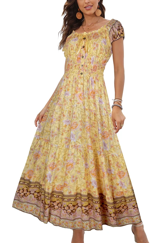 OSTOO Women's 2024 Summer Short Sleeves Boho Floral Print Tiered Casual Flowy Long Maxi Dress, Yellow Flower, M