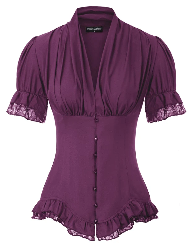 SCARLET DARKNESS Women Victorian Short Sleeve Shirt Dressy Peplum Blouse Lace Up Top, Eggplant Purple, S