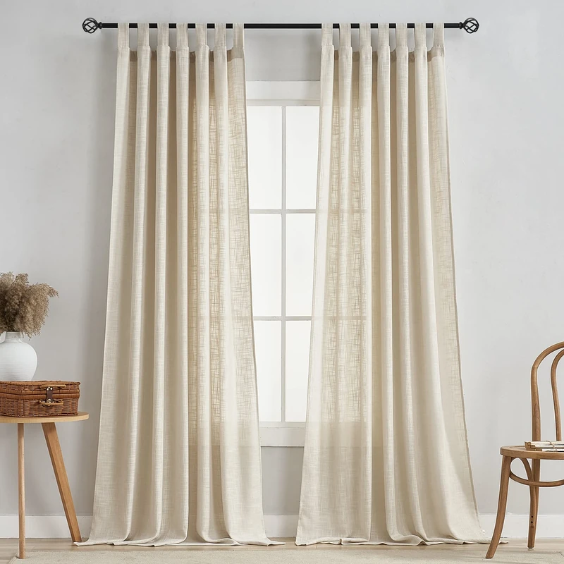 VOILYBIRD Linen Semi Sheer Curtains Tab Top Light Filtering Elegant Curtains & Drapes for Living Room 52 x 108 Inch Length, Set of 2 Panels, Beige