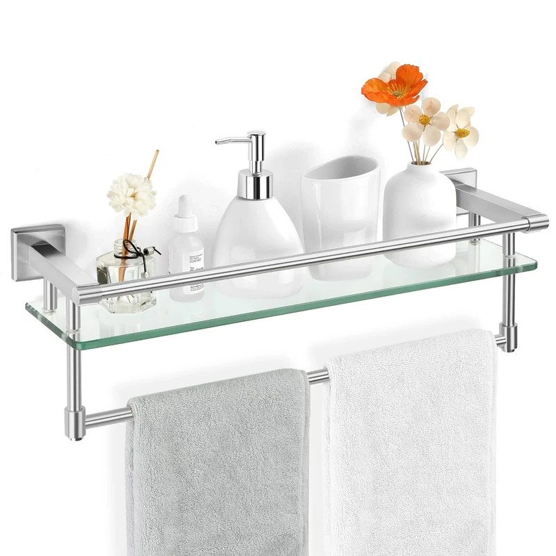 SFGSOWOR Glass Bathroom Shelf with Towel Bar, Stainless Steel Tempered Towel bar/Track Glass Bathroom Shelves Wall Mount Over The Toilet (Brushed Nickel, 20-inch)