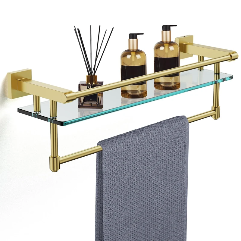 Bathroom Glass Shelf Towel Rack Shelf Glass Organizer Wall-Mounted Bathroom Storage SUS304 Stainless Steel Towel bar/Track Wall-Mounted Tempered Glass Stainless Steel Shelf (Brushed Gold, 20-inch)