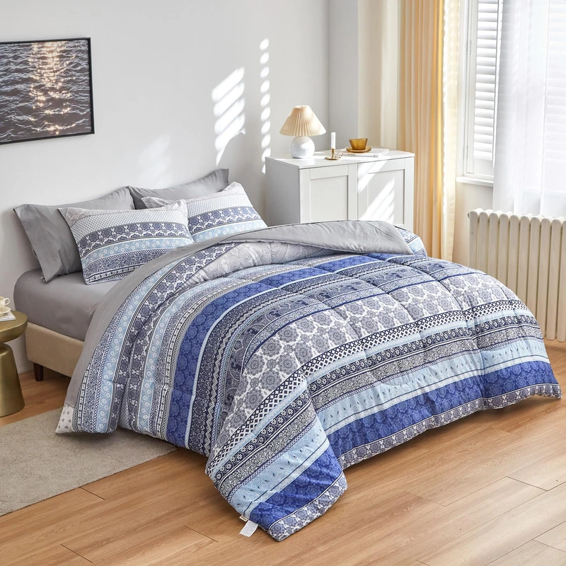 Flysheep Bohemian Striped Bed in a Bag 7 Pieces King Size, Boho Blue Grey Geometric Pattern Reversible Bed Comforter Set (1 Comforter, 1 Flat Sheet, 1 Fitted Sheet, 2 Pillow Shams, 2 Pillowcases)