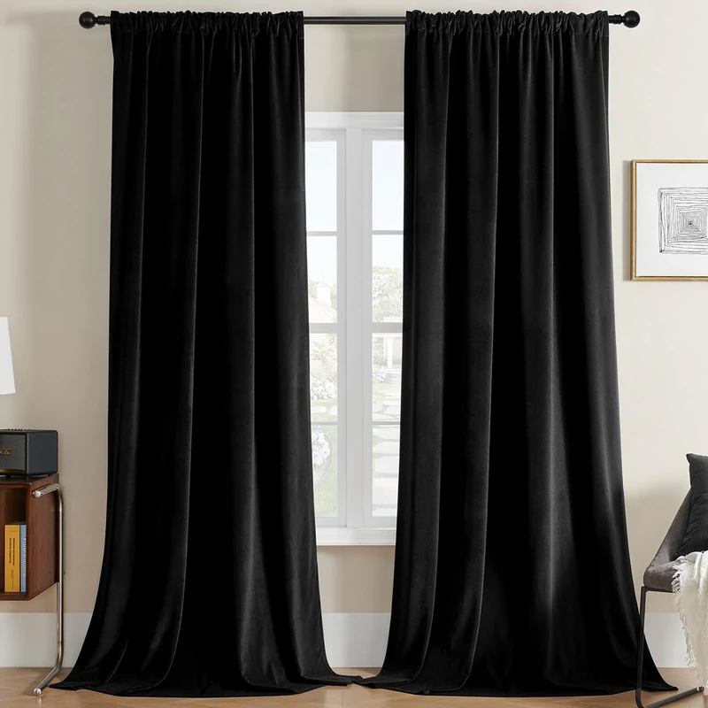 Joydeco Velvet Curtains 108 inches Long 2 Panels, Luxury Blackout Thermal Insulated Super Soft Rod Pocket Window Drapes for Bedroom Living Dining Room, Black, W52 x L108