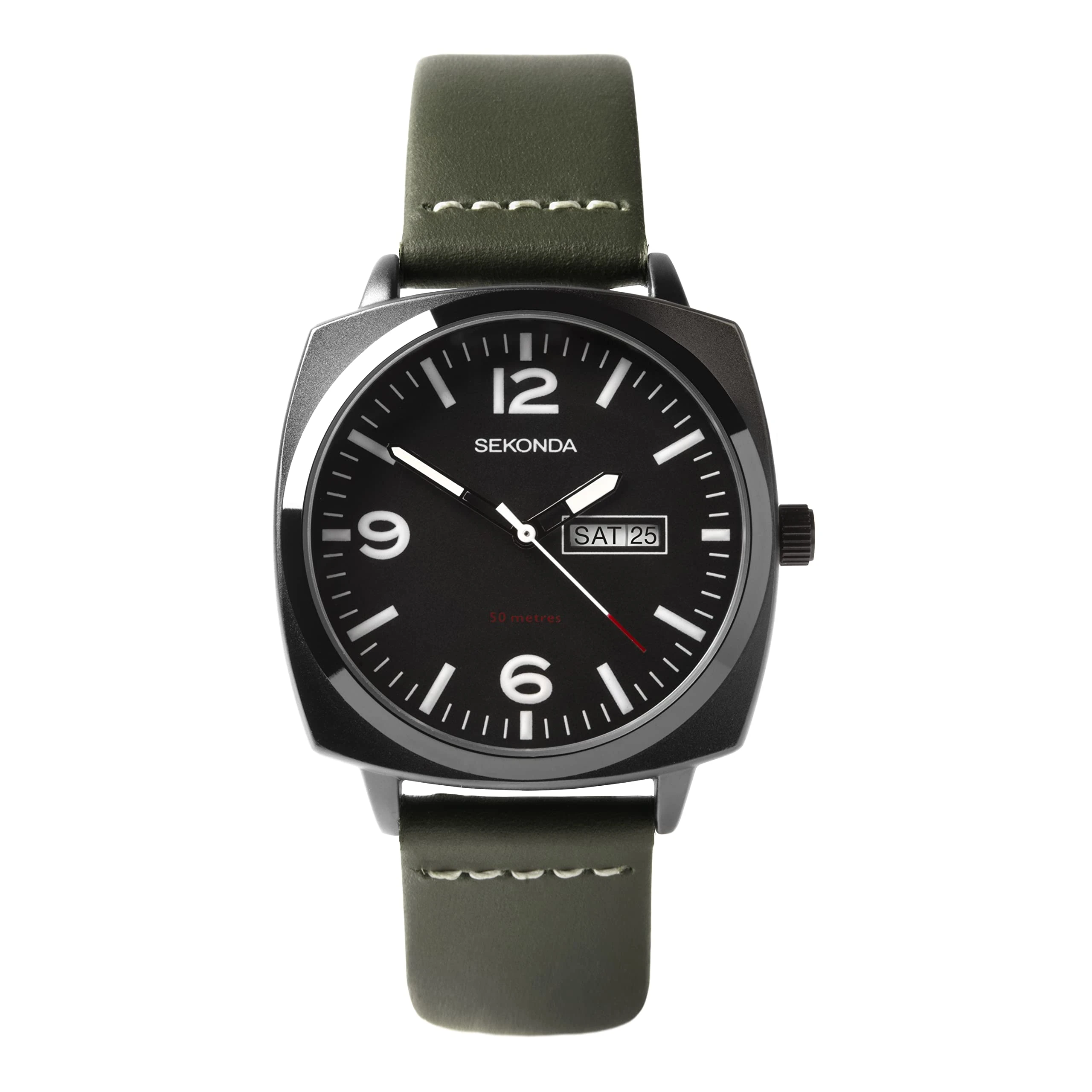 Sekonda Airborne Mens 40mm Quartz Watch in Black with Analogue Day/Date Display, and Green Suede Leather Strap 1990