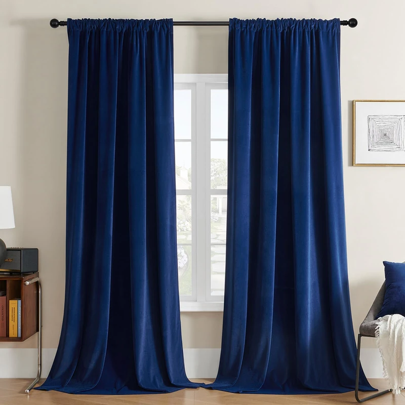 Joydeco Blue Velvet Curtains 90 inch Length 2 Panels Burg Set, Luxury Rod Pocket Thermal Insulated Window Blackout Curtain, Room Darkening Drapes for Living Dining Room Bedroom Privacy