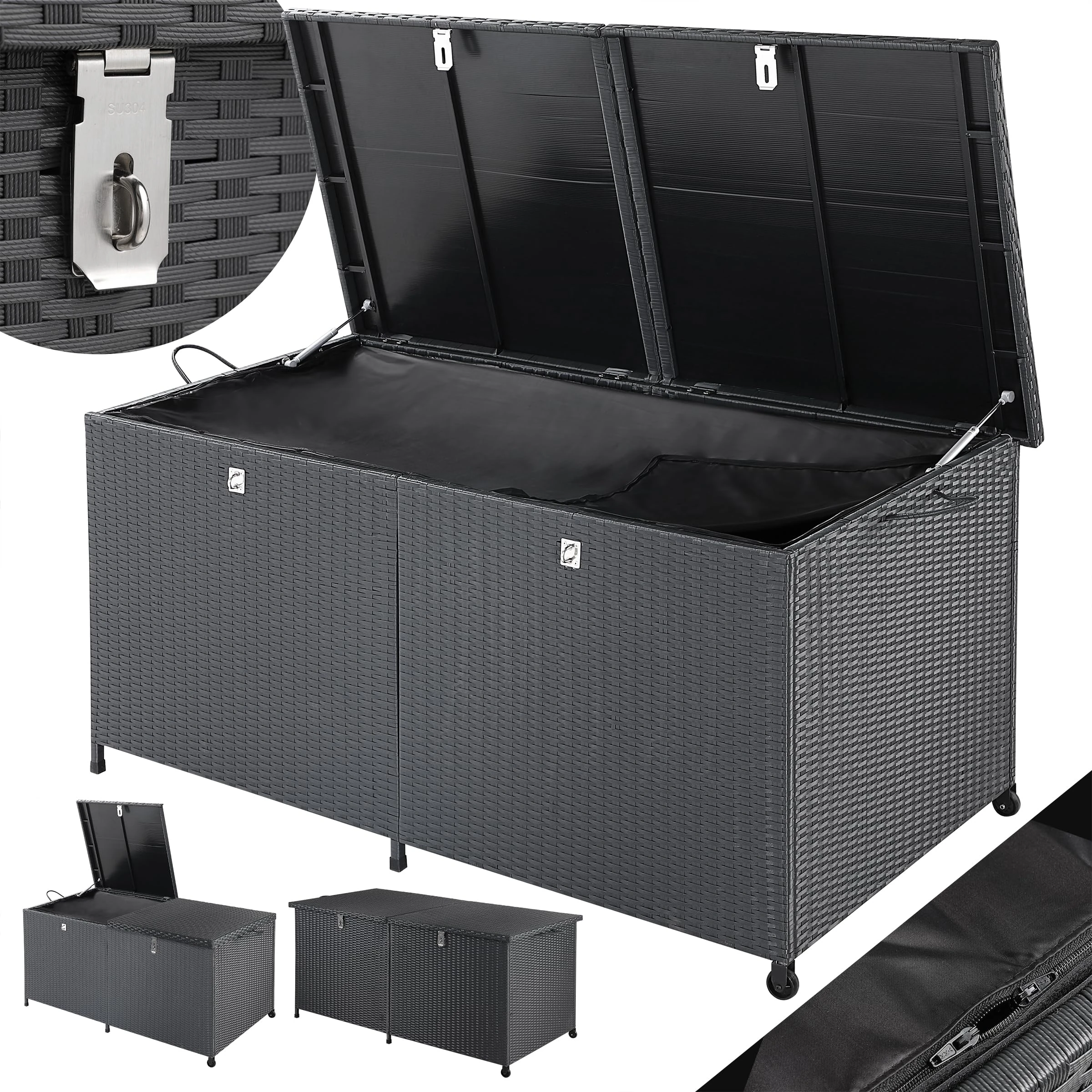 CASARIA® XXL 625 Litre PolyRattan Outdoor Storage Box | Garden Storage Box | Tool Box Chest Large With Wheels | Lockable Storage | Automatic Gas Lift Lid | Trunk | Waterproof | 150x77x73cm | Black