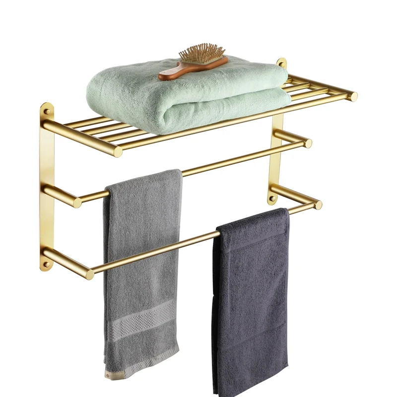 KOKOSIRI 3 Tier Bath Towel Rack 24 Inch Wall Mounted Rack with Towel Bars Towel Shelf with Single Towel Bar Bathroom Ladder Brushed Gold B5003BG