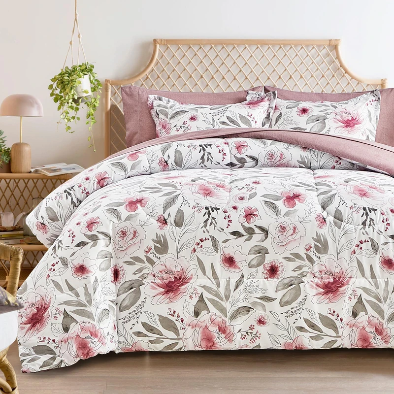 FlySheep Bed in a Bag Queen Size 7 Pieces, Pink and Grey Flowers Printed Elegant Floral Comforter Bedding Set (1 Comforter, 1 Flat Sheet, 1 Fitted Sheet, 2 Pillow Shams and 2 Pillowcases)