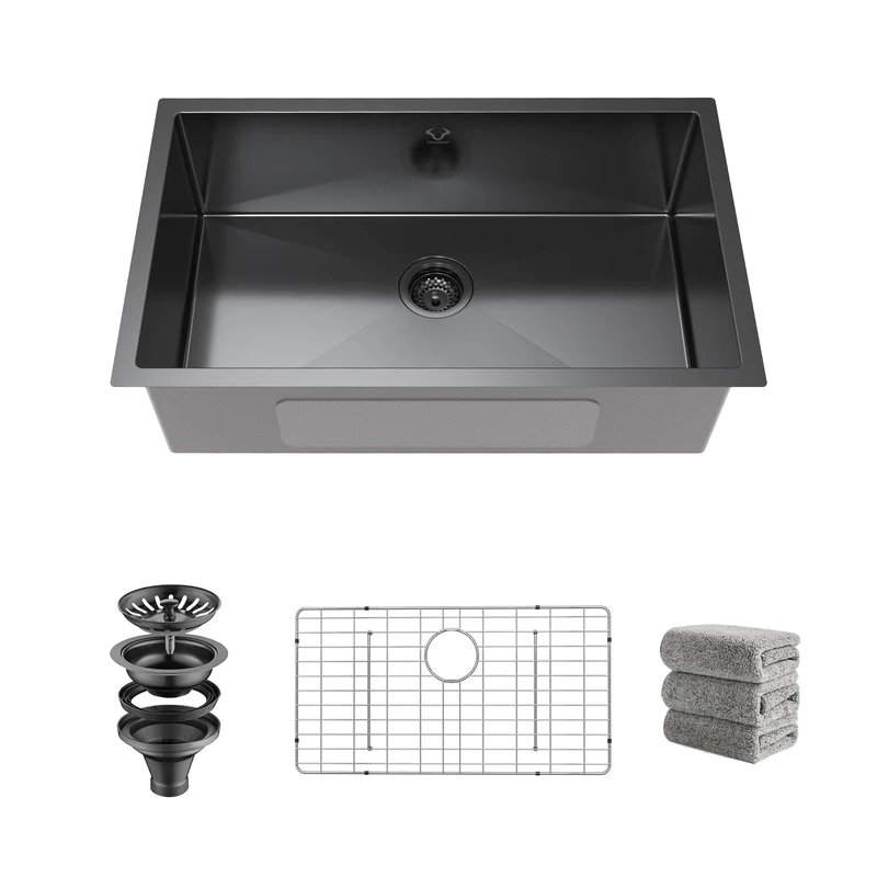 Oxwiser 30x18 inch Undermount Single Bowl Stainless Steel Sink in Gun Metal Black Finish with Accessories