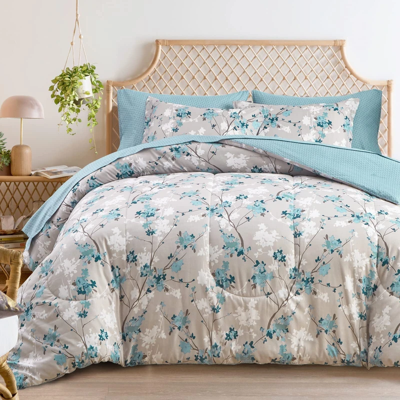 Flysheep Botanical Bed in a Bag King Size 7 Pieces, Aqua Leaves on Grey Printed Elegant Comforter Bedding Set (1 Comforter, 1 Flat Sheet, 1 Fitted Sheet, 2 Pillow Shams and 2 Pillowcases)