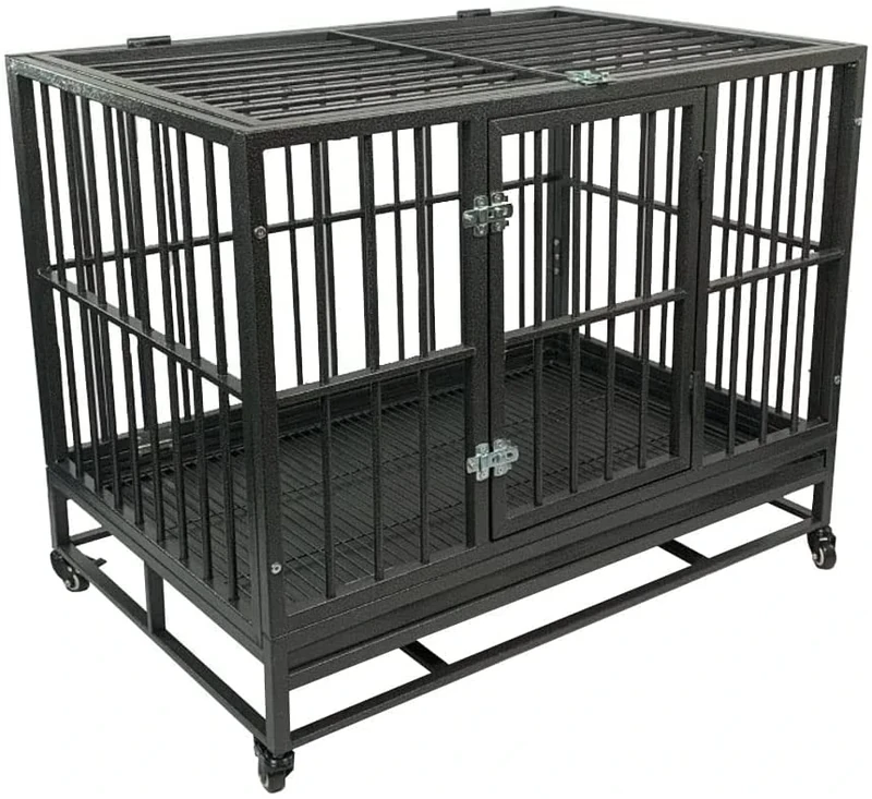 BUNNY BUSINESS UNDERDOG Super Heavy Duty Metal Dog Crate with Roof & Wheels. (Large 36", Black Hammered)
