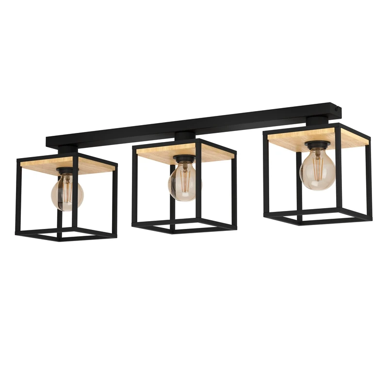 Eglo Ceiling Light Fixture Libertad, Elegant 3 lamp Lighting, Living Room lamp Made of Black Metal and Natural Wood, E27 Fitting