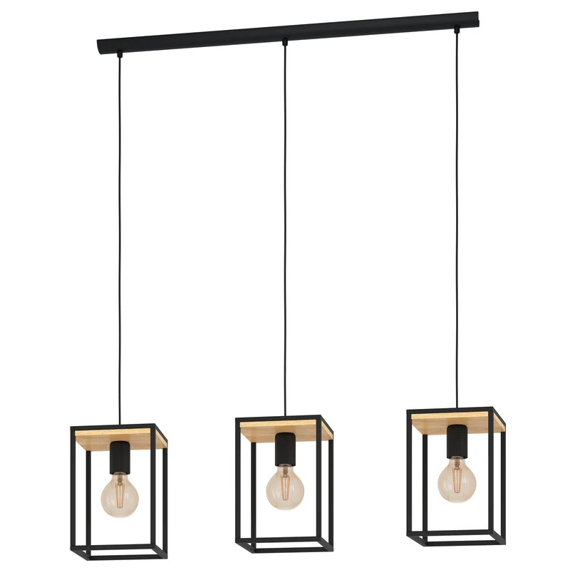 Eglo Pendant Lighting Libertad, 3 Bulb Ceiling Light Fitting, Hanging lamp for Dining Room Made of Black Metal and Natural Wood, E27 Socket