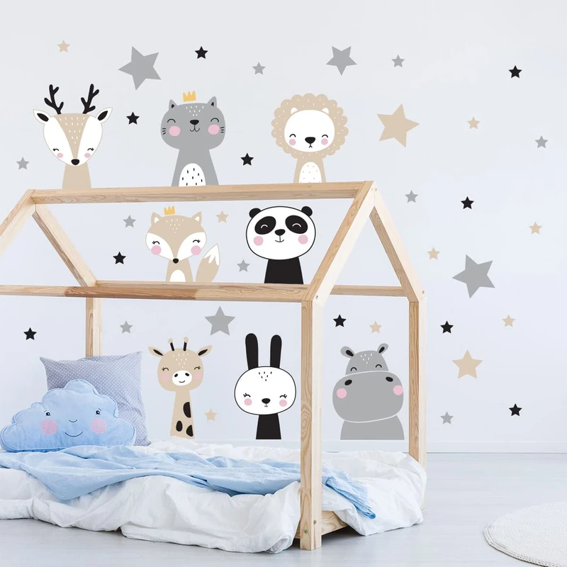 Children's Wall Stickers - Baby Room Decoration - Children's Bedroom Wall Sticker - Scandinavian Animals + 60 Stars - H60 x L60 cm