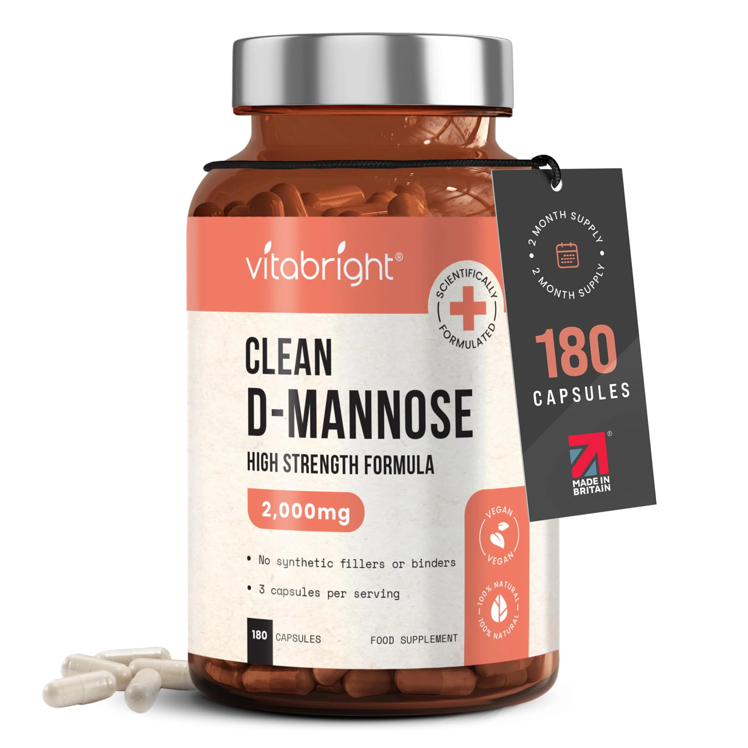 VitaBright D-Mannose Capsules | 2000mg Per Day | 180 Capsules | 2 Month Supply | High-Strength Alternative to Cranberry Tablets | Mix D Mannose Powder into Drinks | Pure Clean Formula