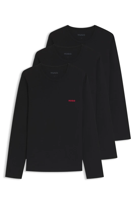 HUGO Mens LS-Shirt RN Triplet Three-Pack of Cotton Underwear T-Shirts with Logos Black