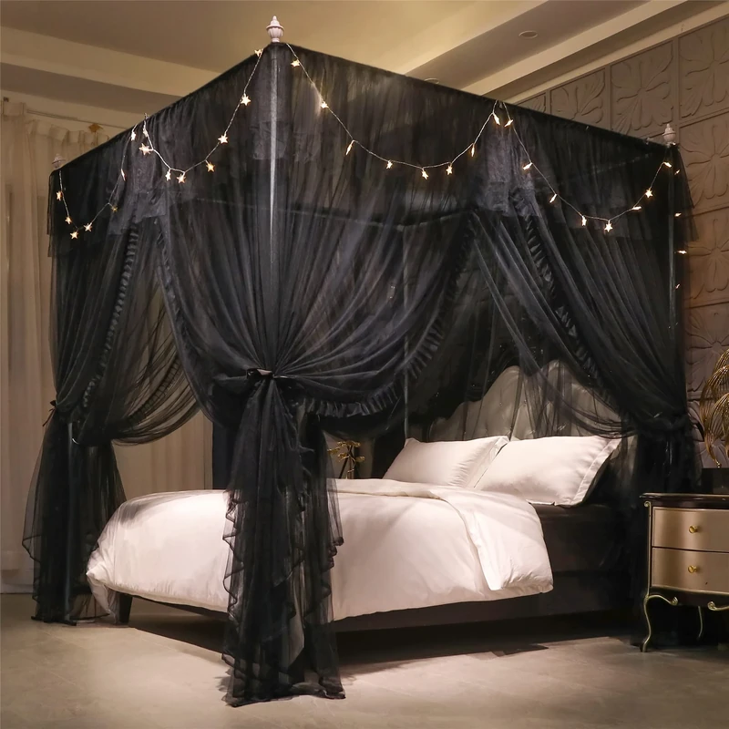VETHIN 4 Corners Post Ruffle Princess Bed Canopy Curtain-Double Layer Cozy Drape Netting 4 Opening Mosquito Net for Girls Adults Bedroom Decoration (Double-Black,59" W*82" L*82"*H/Queen)