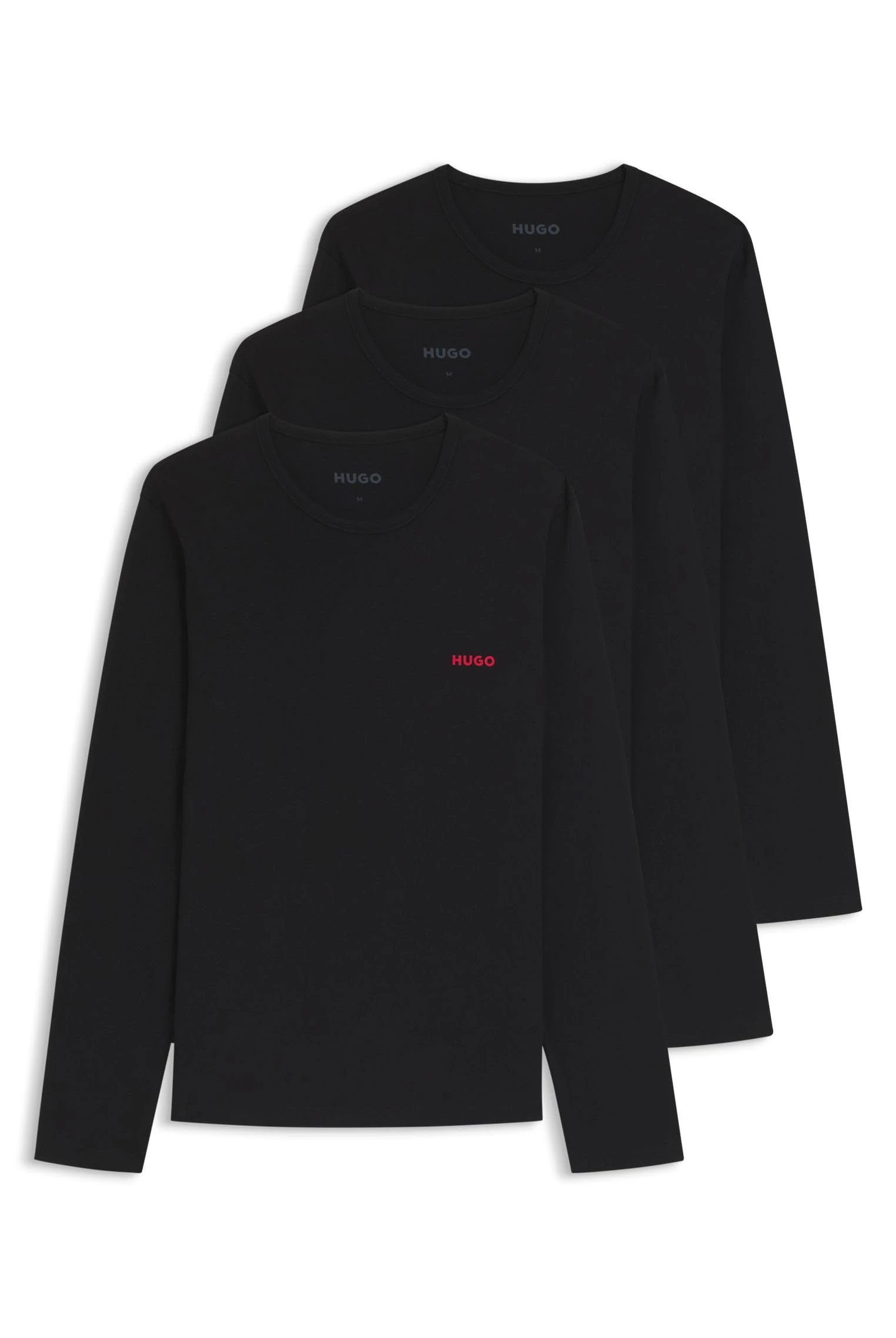 HUGO Mens LS-Shirt RN Triplet Three-Pack of Cotton Underwear T-Shirts with Logos Black