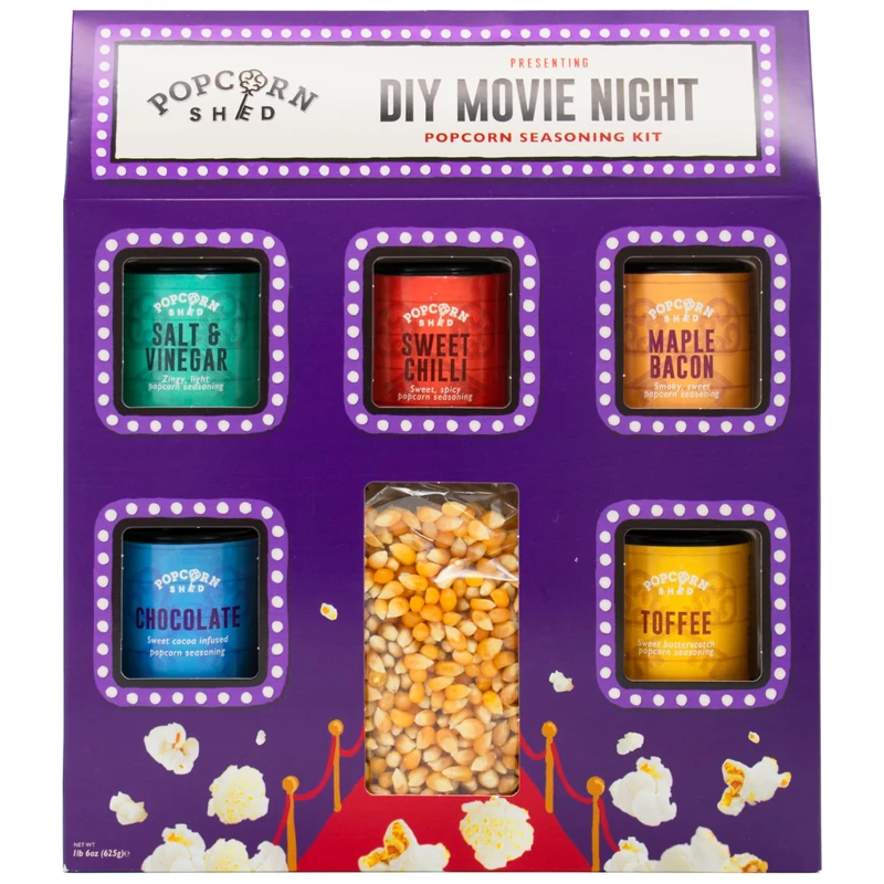 Popcorn Shed DIY Movie Night Popcorn Seasoning Kit (5 Seasonings & 500g Popping Kernels) - Sweet & Savoury Popcorn Seasonings, Easy & Low Calorie Snack, Perfect for Parties, Movie Nights & Gifting