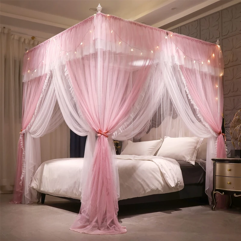 VETHIN 4 Corners Post Ruffle Princess Bed Canopy Curtain, 4 Openings Mosquito Net for Girls Adults Bedroom Decoration (Pink/White, 64" W x 82" L x 82" H) Queen