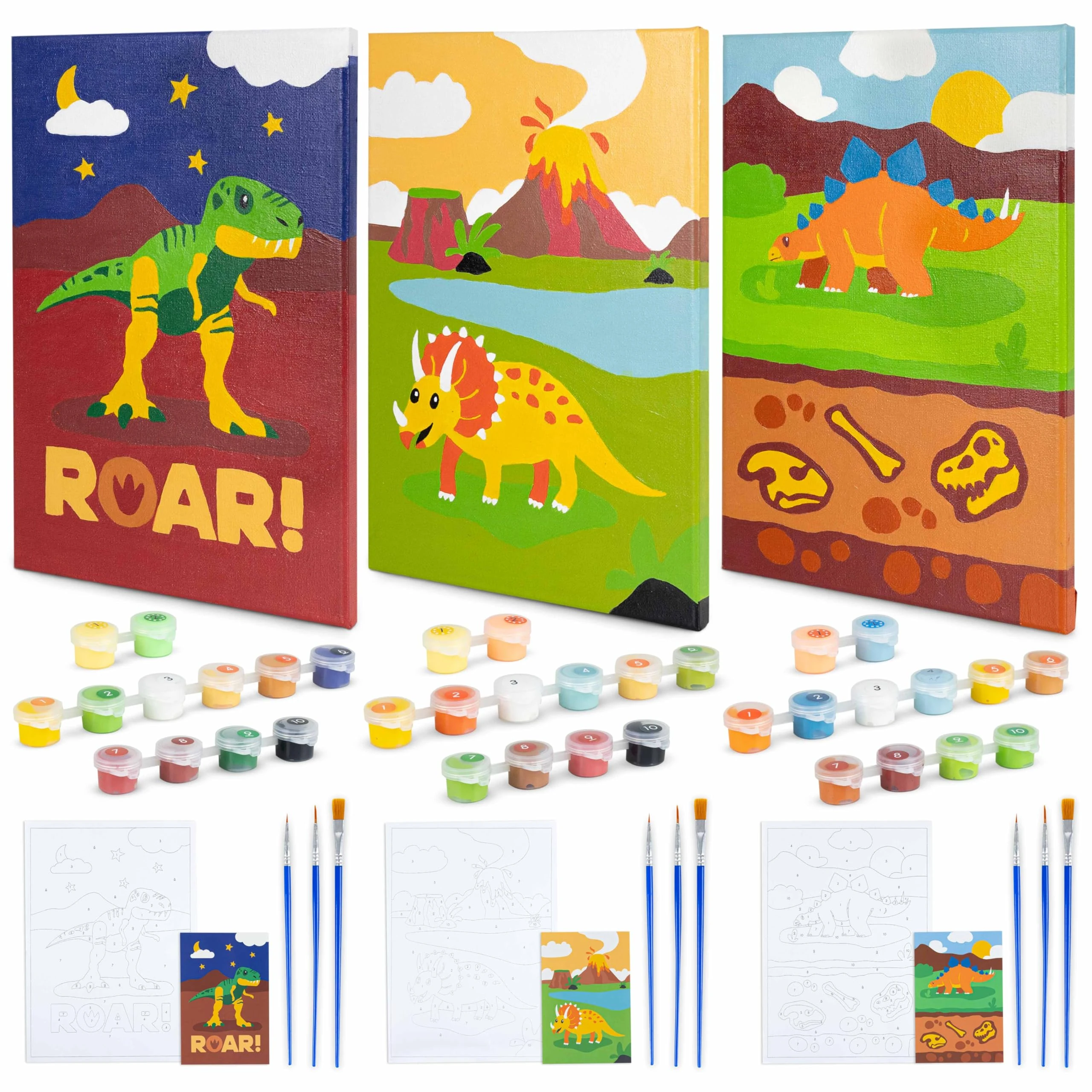 BONNYCO Paint by Numbers for Children Dinosaurs, Pack 3 Canvases. Dinosaur Gifts for Boys, Craft Kits Kids. Paint by Numbers Kits, Girls Boys Toys. Painting Children Set, Creative Dino Kids Gifts