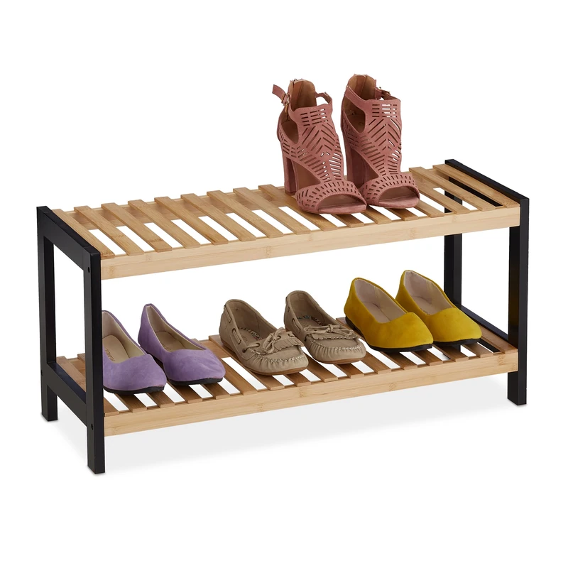 Relaxdays Shoe Rack, 2 Shelves, for 6 Pairs, 33 x 70 x 26 cm, Footwear Storage, Organiser, MDF, Bamboo, Black/Natural - Image 1