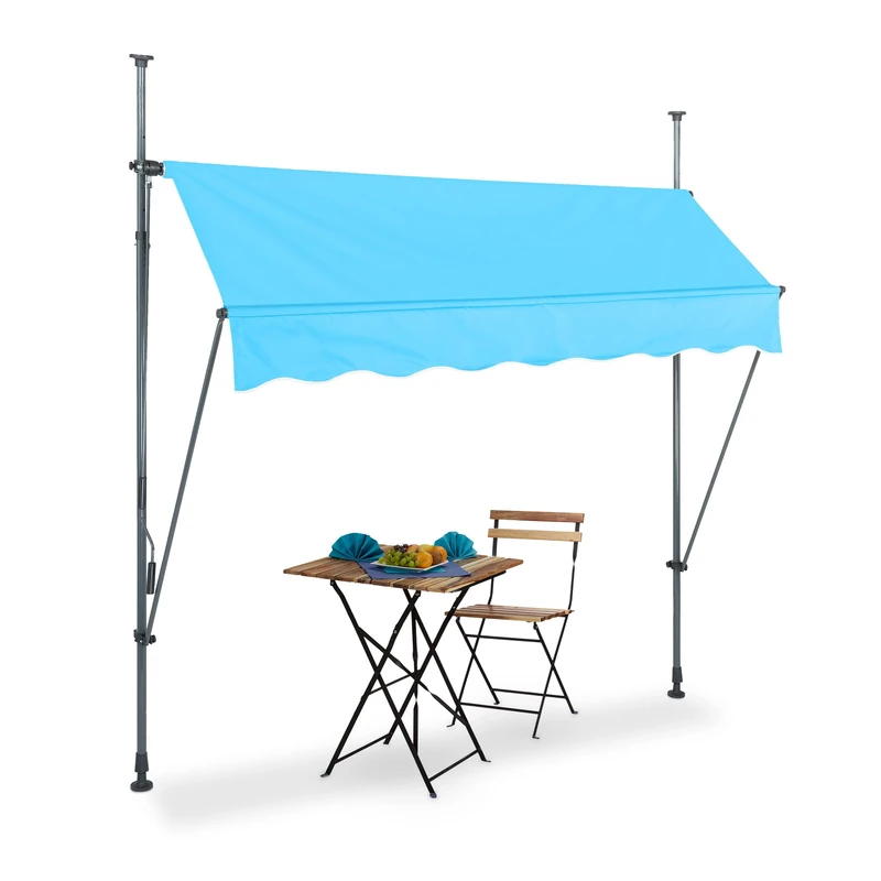 Relaxdays Clamp Awning, 200 cm Wide, Height Adjustable, Balcony Sun Protection, No Drilling, UV-Resistant, Light Blue/Grey